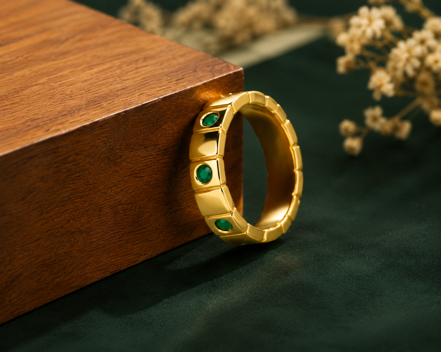 Elegant Green Stone Gold Plated Ring for Women (sizes 6,7,8)