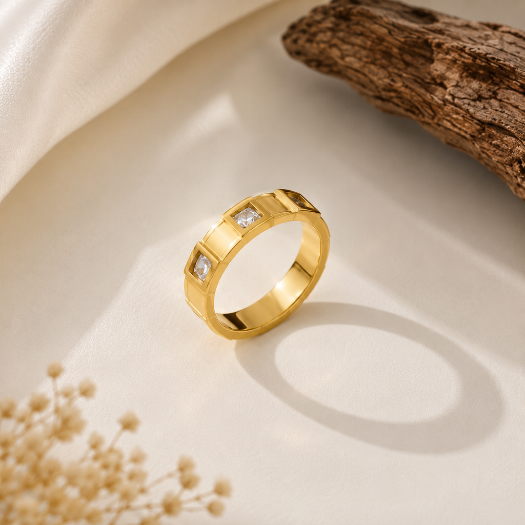 Radiant Trio Crystal Gold Ring For Women (size7,8,9)