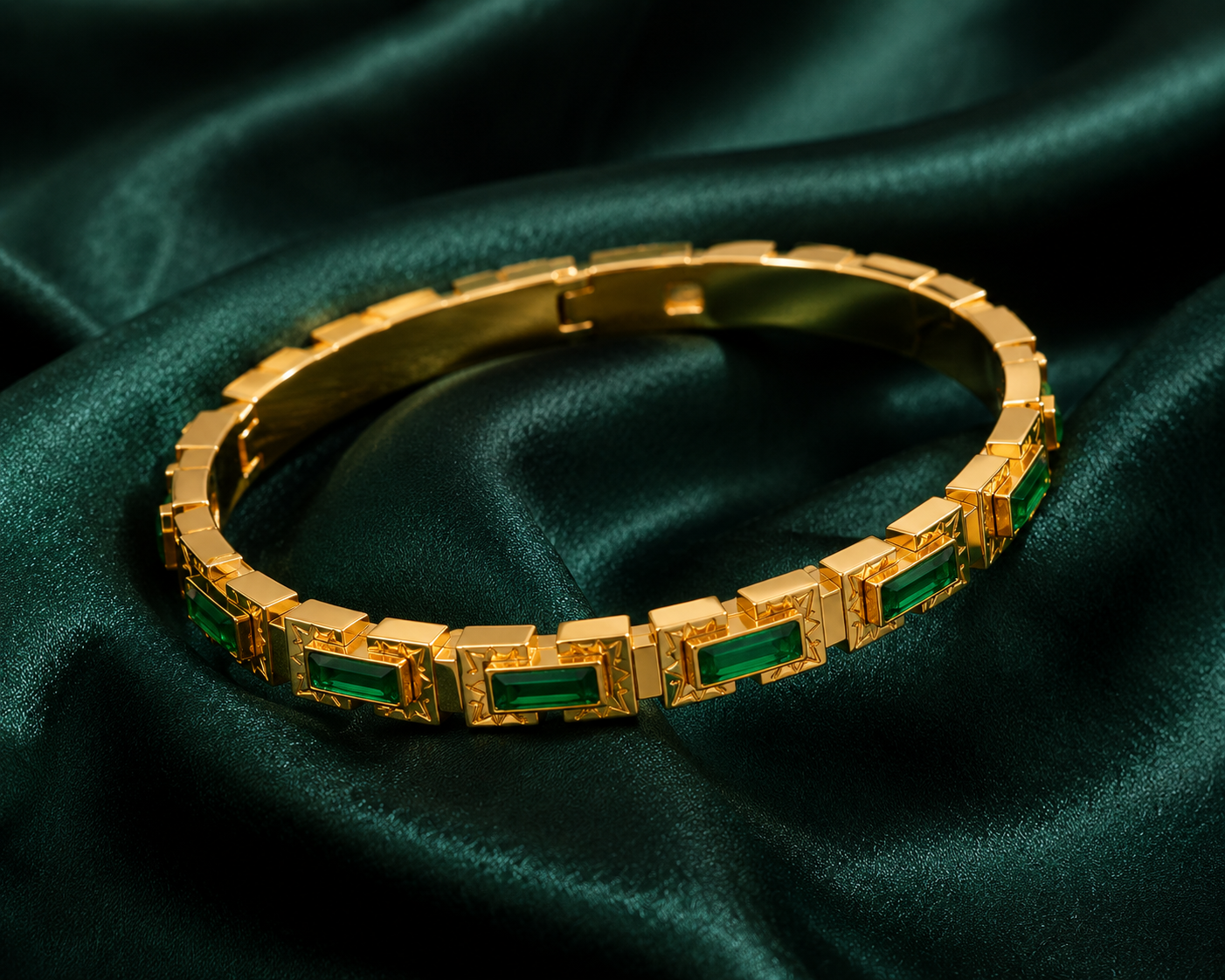 Gold Plated Emerald Green Baguette Bangle For Women