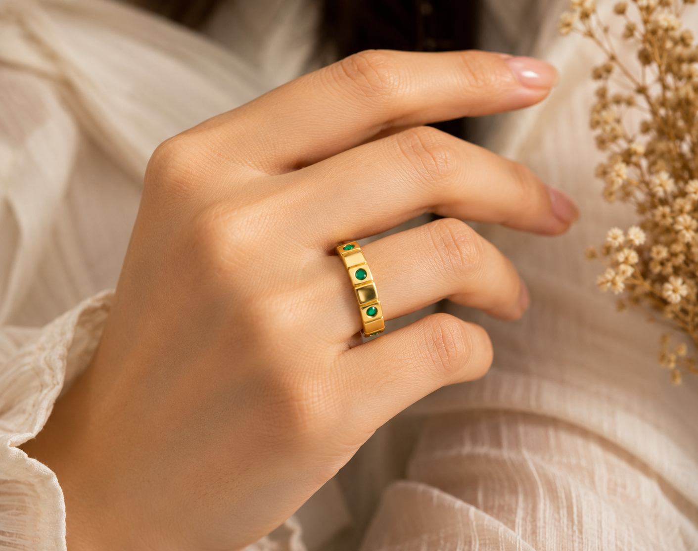 Elegant Green Stone Gold Plated Ring for Women (sizes 6,7,8)