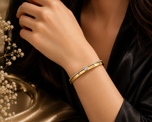 Elegant Gold-Plated Zircon Accent Screw Motif Bangle Handcuff