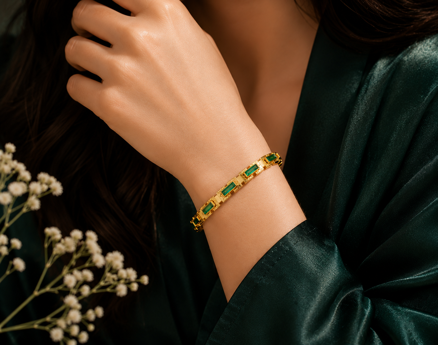 Gold Plated Emerald Green Baguette Bangle For Women