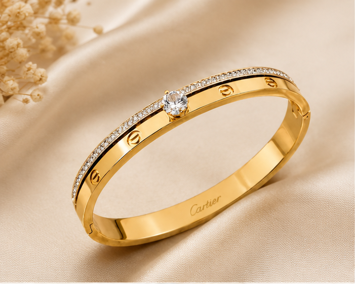 Elegant Gold-Plated Zircon Accent Screw Motif Bangle Handcuff